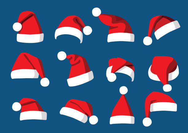 hat santa christmas set decorations and design isolated on blue background illustration vector - czapka świętego mikołaja stock illustrations