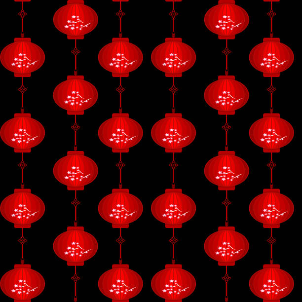 This pattern features rows of red lanterns adorned with white floral designs, suspended vertically against a black backdrop.