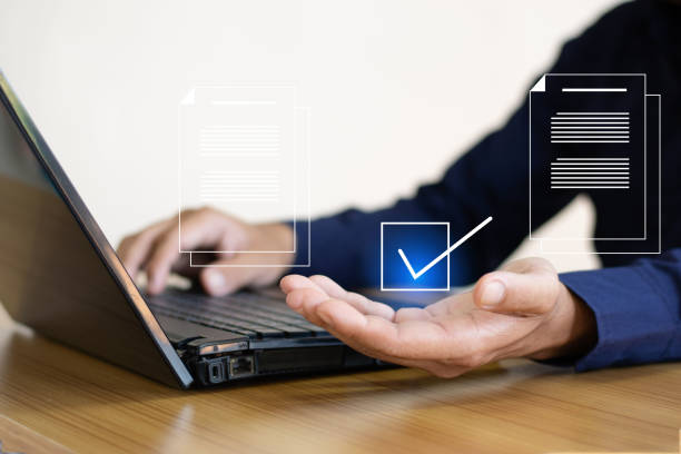 istock Complete online surveys, select correct answers on exams, complete assessment forms, and manage digital documents online on a laptop computer. 2177634258