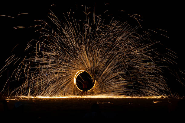 Man Spinning Wire Wool At Night