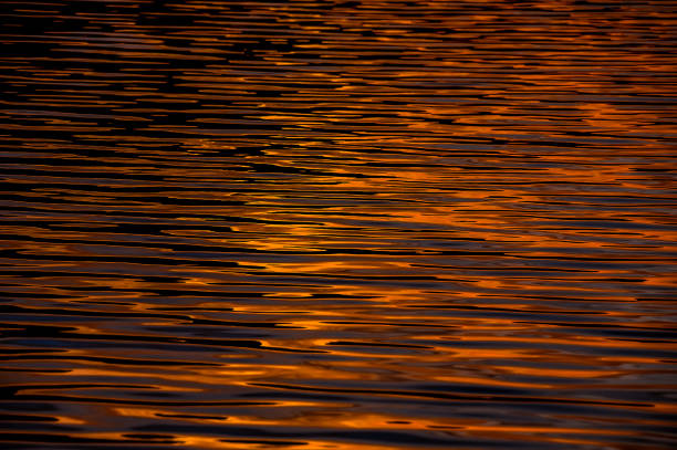 The water is rippling and the sun is setting. The water is a deep brown color