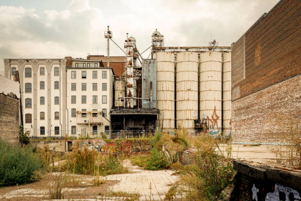 Knoxville, TN, USA-Sept. 17, 2024: The back of the old White Lilly building on Old City, showing deteriorating grain bins and processing equipment.  Abandoned lot going back to nature.