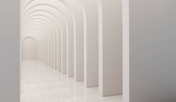 istock Empty corridor with many white arches in perspective view. Abstract architecture. Archway. Interior design. Step forward. Philosophical classic. Illuminated corridor. 3D illustration 2177638404