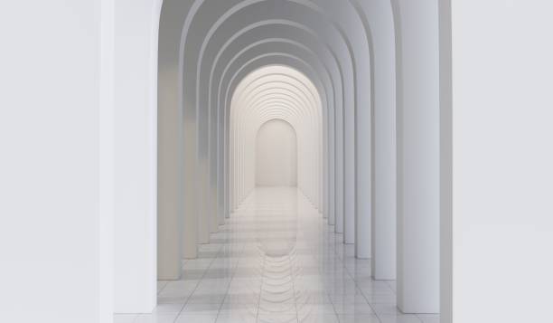 istock Empty corridor with many white arches in perspective view. Abstract architecture. Archway. Interior design. Step forward. Philosophical classic. Illuminated corridor. 3D illustration 2177638405