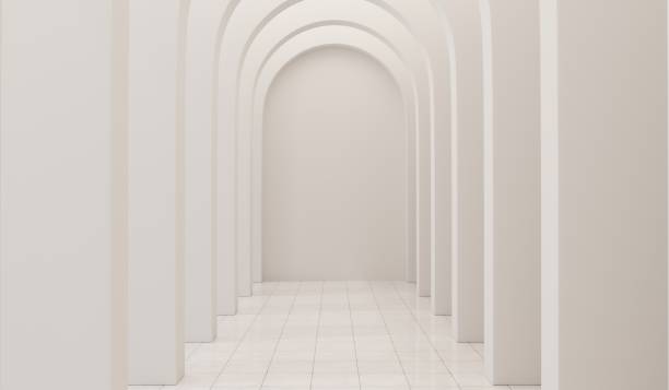 istock Empty corridor with many white arches in perspective view. Abstract architecture. Archway. Interior design. Step forward. Philosophical classic. Illuminated corridor. 3D illustration 2177638408