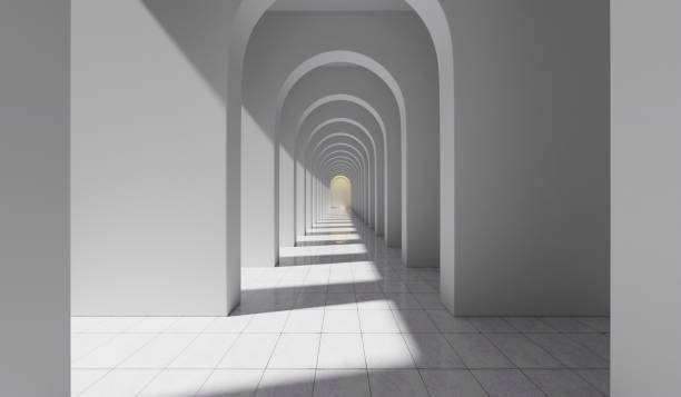 istock Empty corridor with many white arches in perspective view. Abstract architecture. Archway. Interior design. Step forward. Philosophical classic. Illuminated corridor. 3D illustration 2177638430