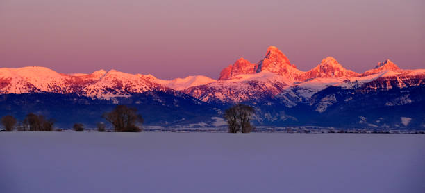 istock Teton Mountain Range Idaho Side Sunset Alpen Glow in Winter Blue Sky and Forest 2177640719