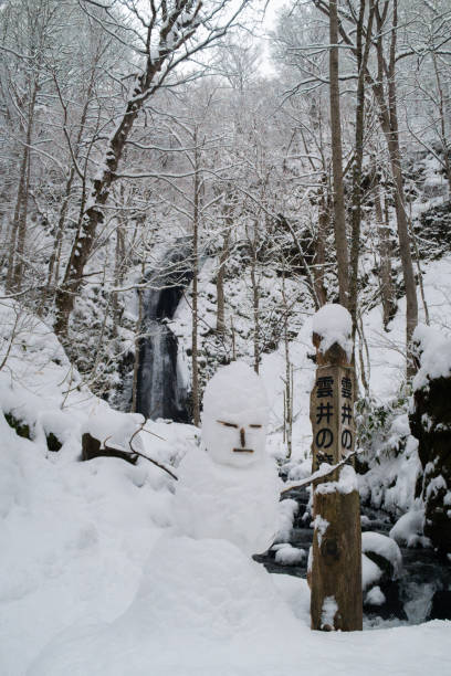istock A snow man next to a sign in front of a waterfall in winter 2177642696