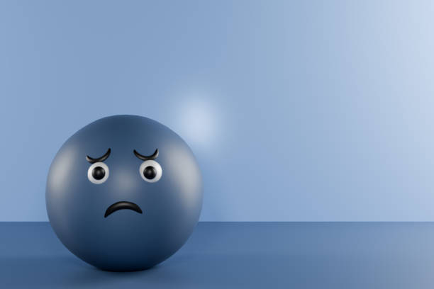 A sad blue ball character sits alone against a light blue background. 3d rendering