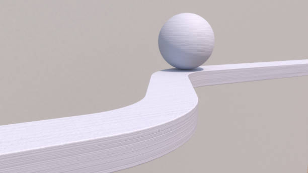 3D render white sphere balanced on a curved platform, symbolizing way and success; textured surfaces, soft gray background, clean lines, geometric shapes, smooth contours, and studio lighting
