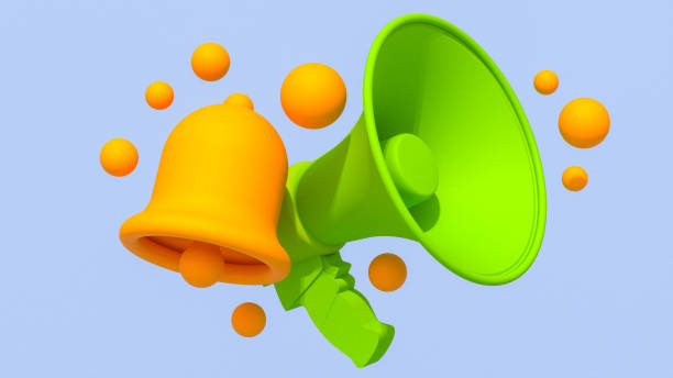 istock 3D render of bright green megaphone, orange bell, floating orange spheres, light blue background, vibrant colors, minimalist design, abstract composition, attention-grabbing announcement concept, 2177645775