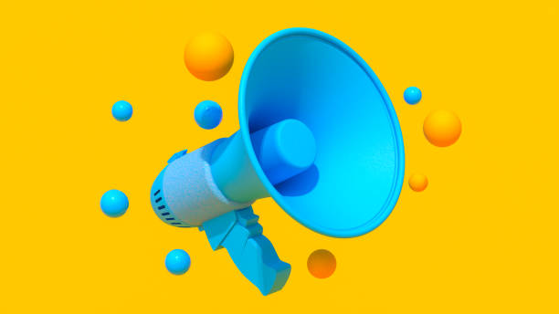 istock 3D render of a bright cyan blue megaphone on a yellow background with floating orange and blue spheres. Minimalist design with vibrant colors, high contrast, and a clean, dynamic composition for a modern marketing visual. 2177646018