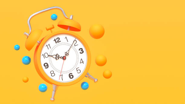 istock 3D render of a bright yellow alarm clock with a 10:10 display, floating spheres, and glossy textures on a yellow background. Features blue and orange accents, geometric shapes, and a playful, surreal minimalist design with vibrant colors. 2177646051
