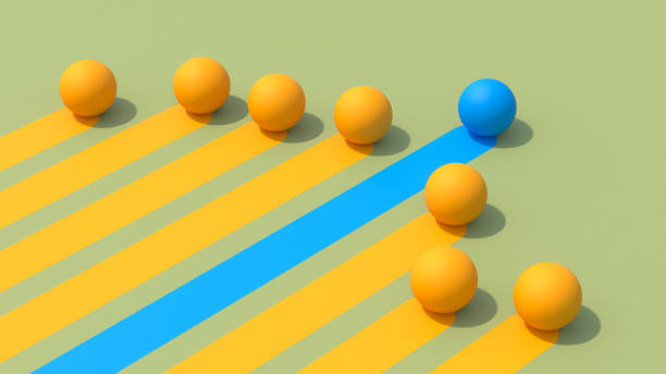 Minimalist geometric composition, cubes and  sphere, sharp shadows, light background, abstract concept, leadership metaphor, standing out from the crowd, 3D rendering, clean design, vibrant colors, simplicity, stock image style, high contrast, modern art aesthetic