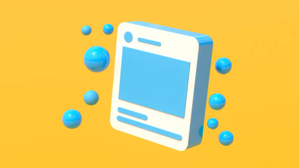 3D render, smartphone icon, minimalist design, blue and white color scheme, yellow background, floating spheres, social media concept, isometric view, clean aesthetic, geometric shapes, digital art, modern illustration, app interface, vibrant colors, simple composition