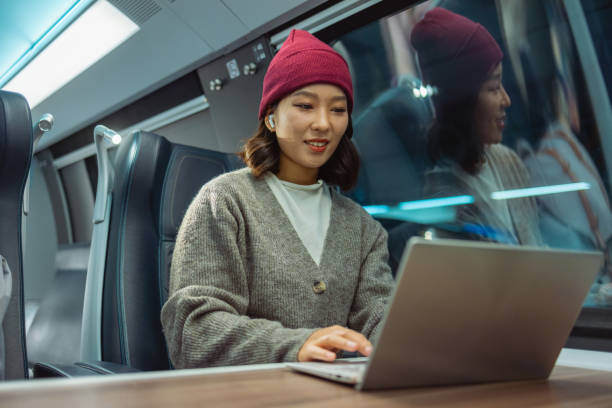 istock Young Asian woman working on a laptop on the train during the night 2177647157
