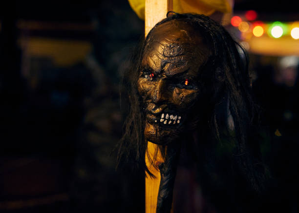istock Head of a scary dead man on a stick on canvas Halloween in Llore 2177648331