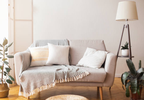 istock Cozy home interior sofa and cushions and floor lamp 2177649317