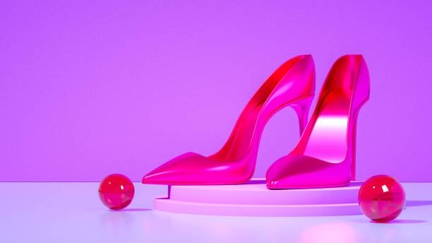 istock Vibrant pink stiletto heels with glossy metallic finish on a white circular platform, purple background, red spherical ornaments, high contrast, 3D render. 2177653210
