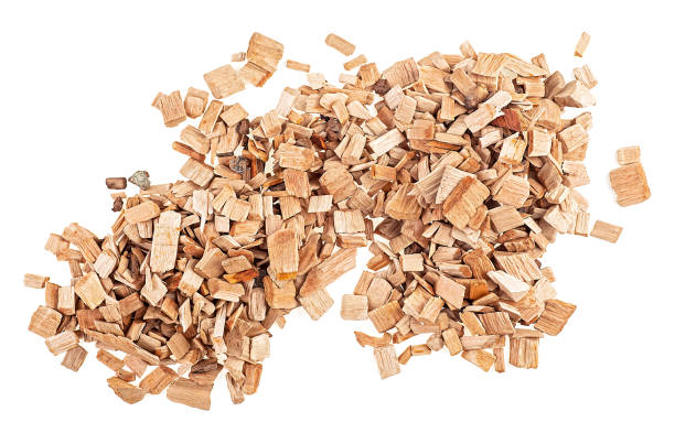 istock Mixed wooden chips isolated on a white background, view from above. Ecological fuel. Wood chips for smoking meat and fish. 2177657363