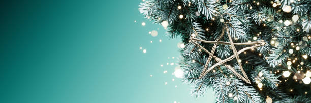 istock Christmas banner design. Pine tree with wooden star on teal background with copy space. 2177657689