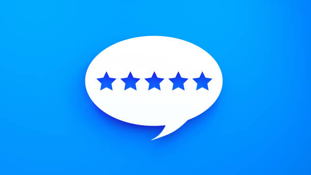 istock Five-Star Rating Concept on Blue Background. Cutout paper speech bubble with five white stars inside, representing feedback and satisfaction. 3D rendering. 2177658958