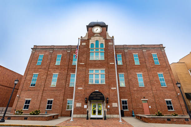 Glow in the sky around facade frontal view of Breathitt county judicial complex in small American city of Jackson, Kentucky