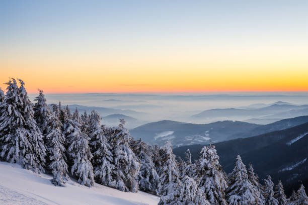 Sunset in winter landscape with snow covered trees and mountains. Breathtaking view at mountain range and vibrant sky