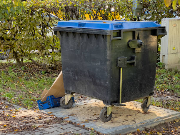 istock A sturdy black waste container is positioned next to a colorful autumn backdrop, surrounded by fallen leaves and debris. It's a sunny day, illuminating the scene 2177662185