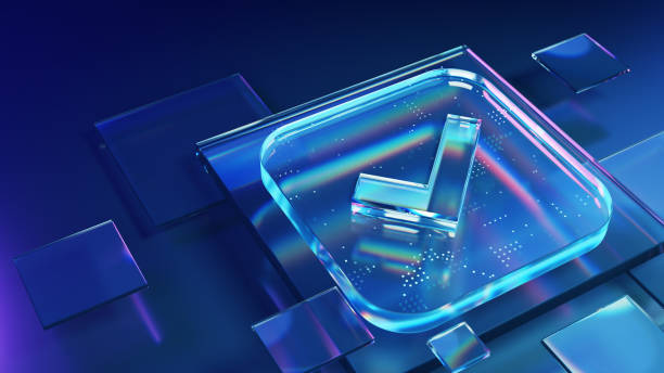 istock Blue Digital Check mark Symbol on Glass and Blue background 2177663414