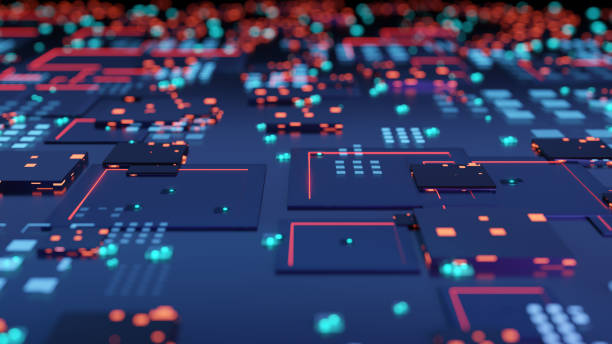 istock Abstract 3D Circuit Board with Neon Lights in Focus 2177663438