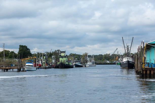 Belford, New Jersey - September 30, 2024: A view of the Belford Public Dock and fishing boats on a beautiful autumn day