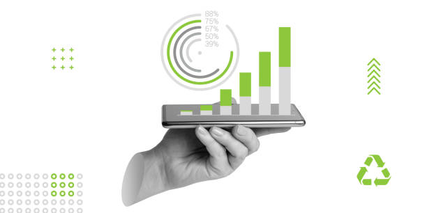 istock Digital solutions for monitoring sustainable growth and environmental data through technology. A hand holds a smartphone displaying a rising bar chart with green eco elements. Minimalist art collage 2177673931