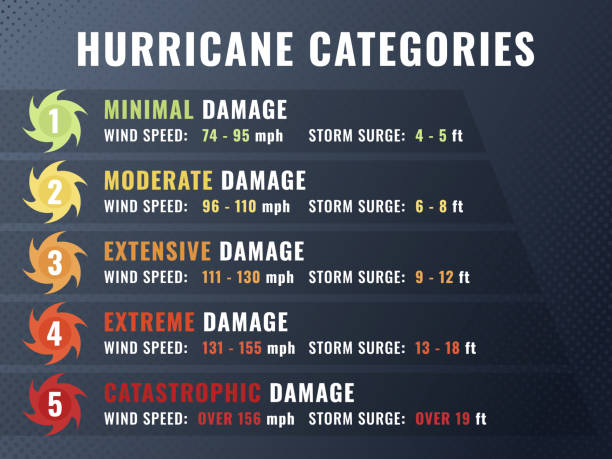 Hurricane categories illustration Hurricane categories illustration. Vector infographic with damage scale, wind speed and storm surge information hurricane milton stock illustrations
