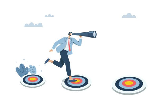 istock Businessman with binoculars running after dartboard conquering success in achieving goals, vision of conquering success, effort to set goals to achieve success, Vector design illustration. 2177677024