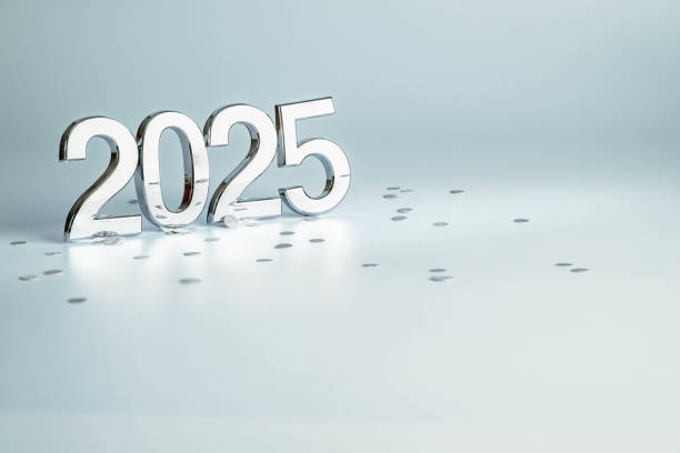 istock Silver 2025 and confetti, Happy New year celebration on blue background. 2177677144