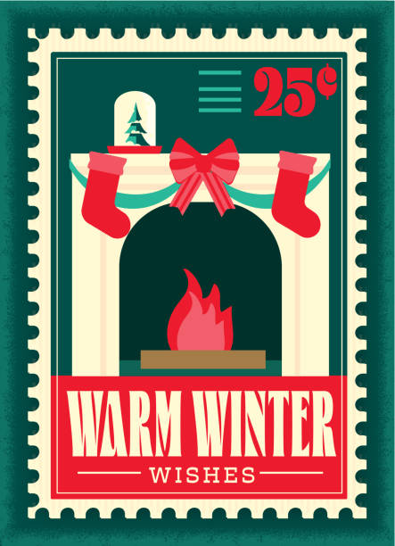Vector illustration of a Warm Winter Wishes Christmas postage stamp with hearth and fireplace decorated with ribbons, bows and stockings. Retro vintage style with holiday wording. Includes fully editable vector eps and high resolution jpg in download.