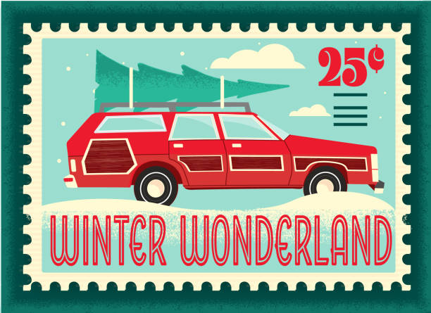 Vector illustration of a Winter Wonderland postage stamp with vintage red station wagon car carrying a tree with snow scene. Retro vintage style with holiday wording. Includes fully editable vector eps and high resolution jpg in download.