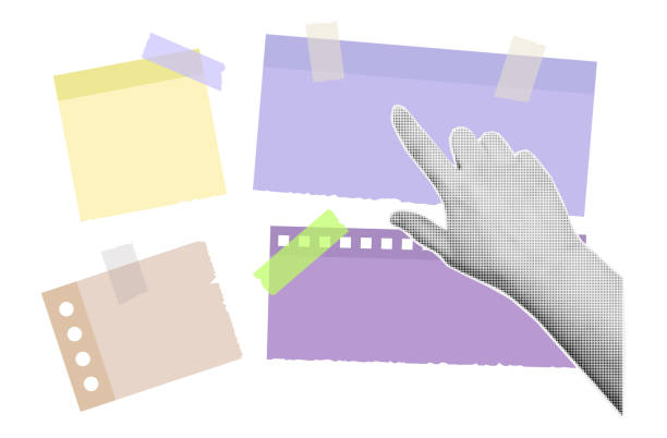 istock Paper note. Woman's hand points to advertising, to-do list, blank paper note. News board, reminder, torn page secured with sticky tape. Contemporary collage art in halftone style. Vector illustration. 2177683356