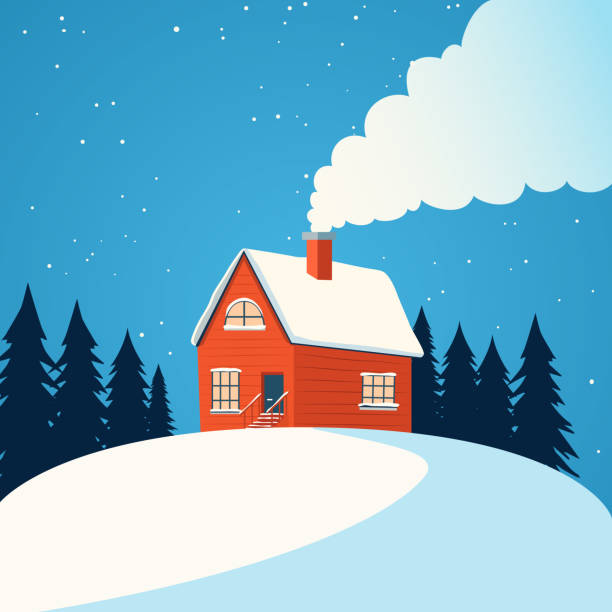 istock Cabin surrounded by snow and pine trees, with smoke rising from the chimney 2177689856