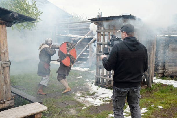 istock Filming Historical Battle Scene Near Wooden Structures 2177691292