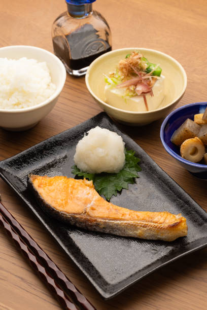 istock grilled salmon with Japanese traditional dishes 2177692491