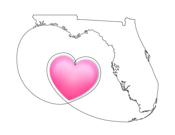 Continuous Line Drawing of Florida with a 3D Vector Heart and Editable Stroke Continuous line drawing style illustration of the US state of Florida with a three-dimensional vector pink heart. Florida patriotism concept, Florida strong, hurricane and disaster recovery. Editable stroke for easy editing and copy space for text. hurricane milton stock illustrations
