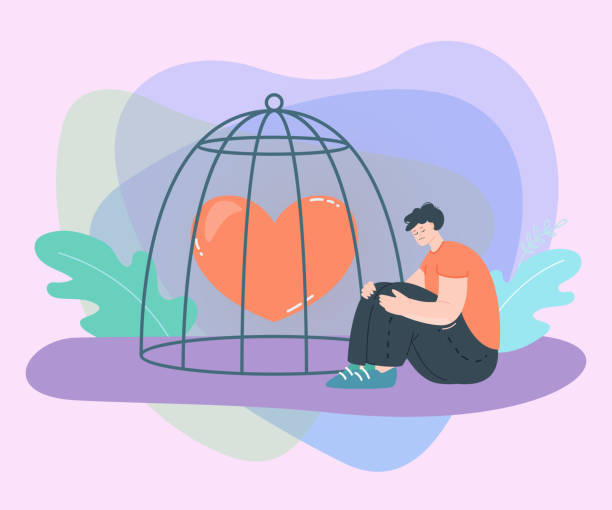 Comic heart in huge heart and sad boy flat vector illustration Comic heart in huge heart and sad boy flat vector illustration. Depressed male character feeling despair. Forbidden love, hidden emotions concept for banner, website design or landing web page have a heart cage stock illustrations