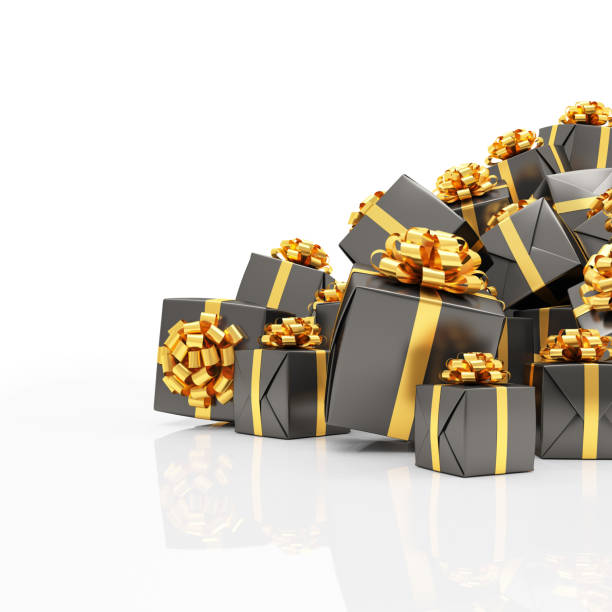 istock 3d render - black christmas gift boxes with golden ribbons 2177706338