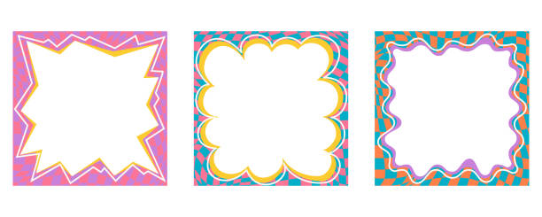 Wavy scallop border. Square fun wavy chessboard frame. Cartoon hand drawn shapes for text picture and photo. Doodle groovy vector psychedelic template. Abstract funky y2k squiggle checkered bubble