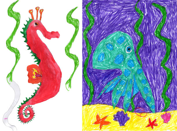 istock Hand drawn seahorse on a white background, octopus, fishes, shells, starfish 2177709125