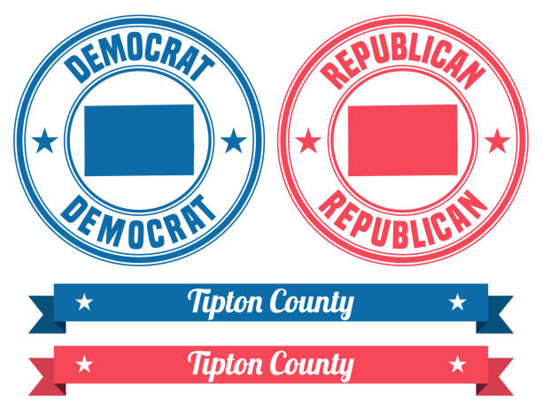 Tipton County, Indiana. Map on rubber stamp with banner Map of Tipton County - Indiana, on two blue and red rubber stamps. Two versions included in the bundle: - One blue stamp with the map in the middle and the word "Democrat" around. - One red stamp with the map in the middle and the word "Republican" around. And also two blue and red banners with the name of the county. Vector Illustration (EPS file, well layered and grouped). Easy to edit, manipulate, resize or colorize. Vector and Jpeg file of different sizes. seal of the state of indiana stock illustrations
