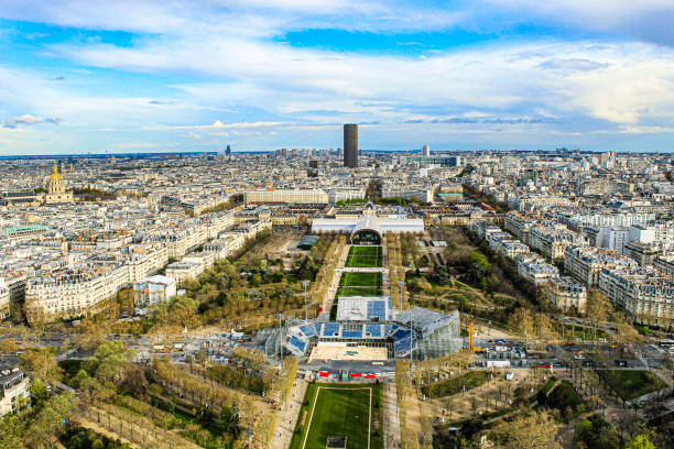 Aerial view of Champ de Mars in Paris, France.