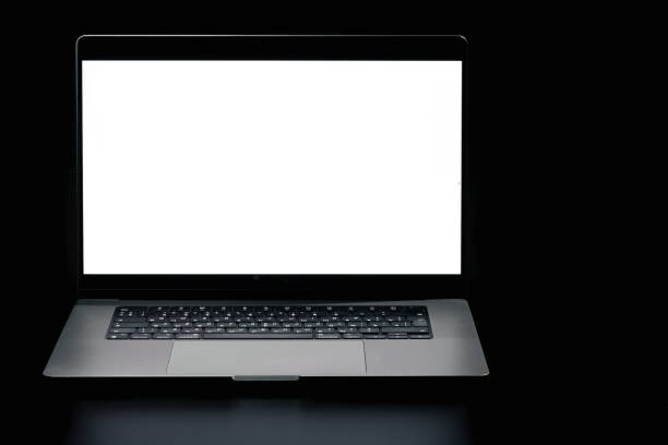 istock Modern laptop with blank white screen isolated on black background. Close up. 2177720587